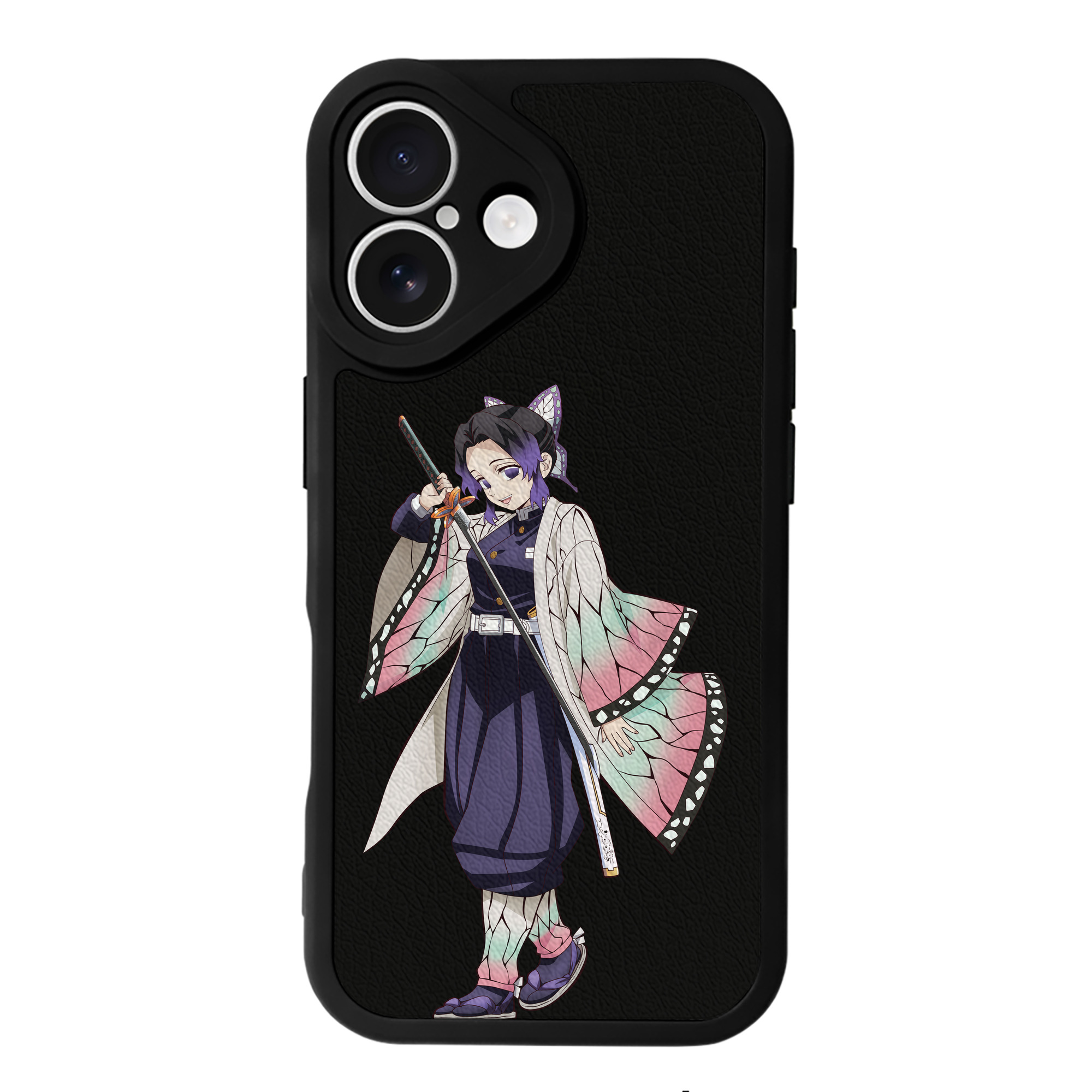 （画像用） 鬼滅の刃（きめつのやいば）蟲柱-胡蝶 しのぶ／こちょう しのぶ Kochou Shinobu 【iPhone 16シリーズ対応】シリコンスマホケース（レザー調） 材質：シリコン